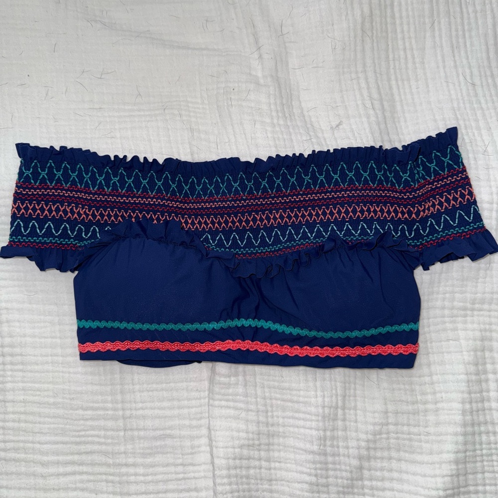 Red Carter Anthropologie navy blue smocked off shoulder swim top Small S